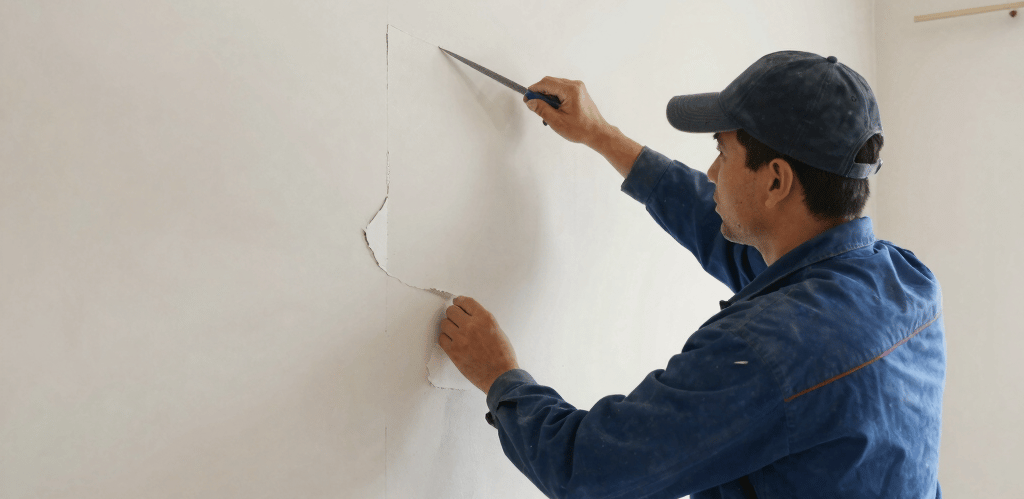 A friendly handyman carefully installing a window frame in a bright, modern home.