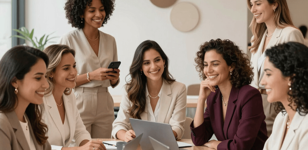 A diverse group of Brazilian women entrepreneurs collaborating in a bright, modern workspace.
