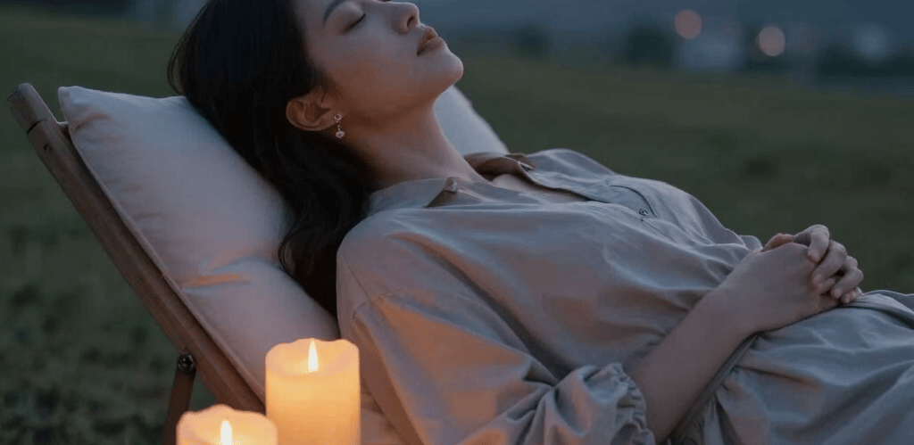 A calm, softly lit room with hands gently hovering over a peaceful person's head during a reiki session.