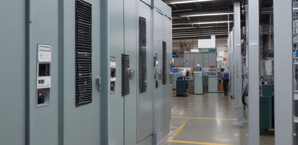 Modern industrial electrical equipment with Siemens branding in a sleek warehouse setting.