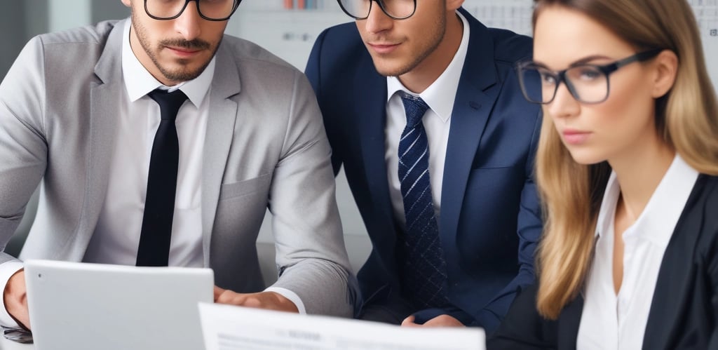 A focused team collaborating over data charts in a minimalist office setting.