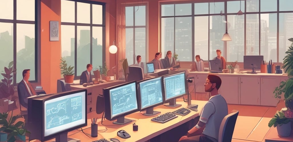 A modern workspace showing a person programming automation workflows on multiple screens.