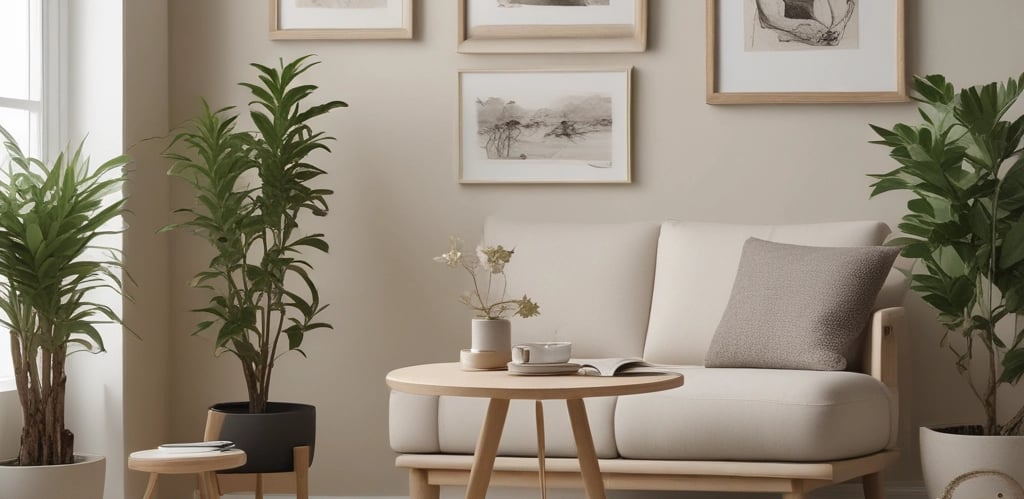Cozy living room corner featuring colorful framed motivational art and festive holiday pillows from Aunties ArtHouse.