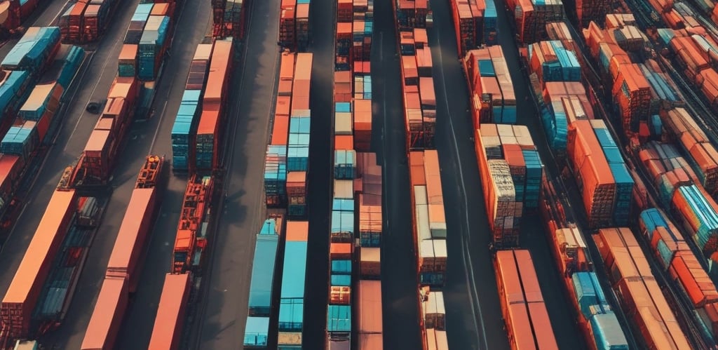 A modern control tower overseeing shipping containers and cargo trucks at a busy port.