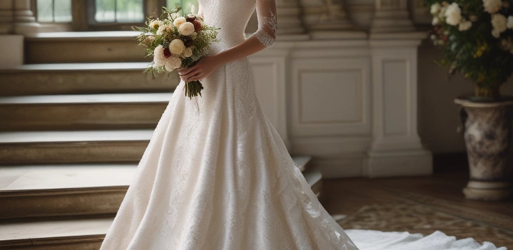 A neatly pressed, elegant dress hanging in a softly lit boutique setting.