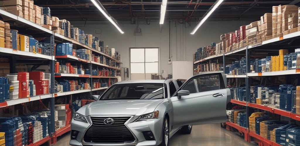 A neatly organized store shelf stocked with genuine Toyota and Lexus car parts, brightly lit and ready for customers.