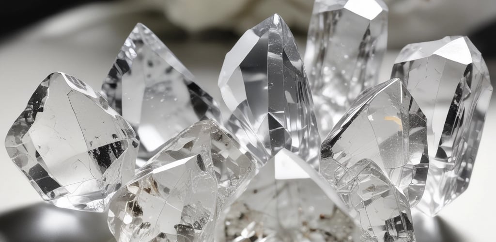 Close-up of sparkling premium quartz stones arranged elegantly on a dark surface.