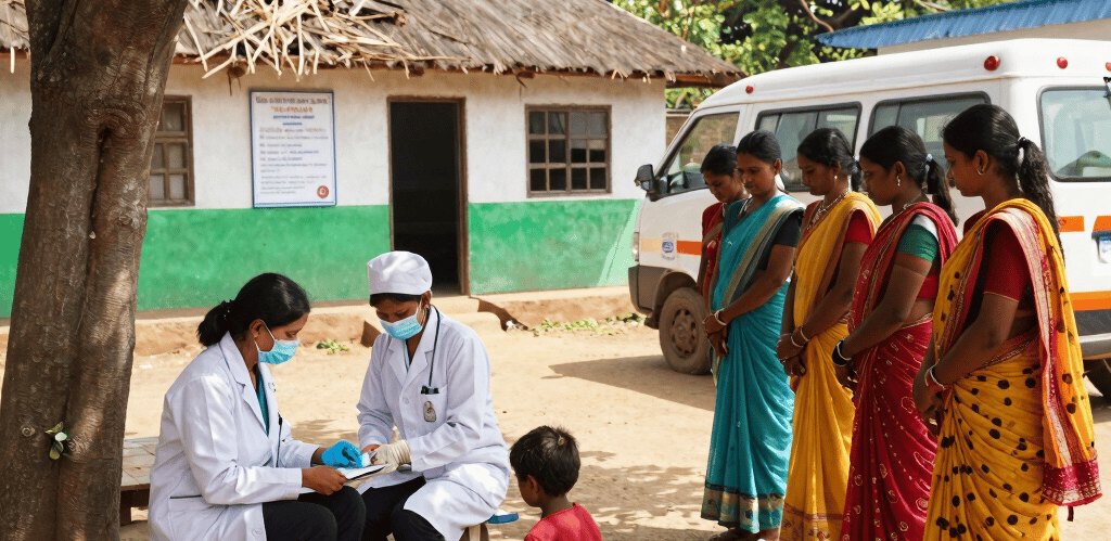 A group of volunteers warmly interacting with local families in an Indian village.
