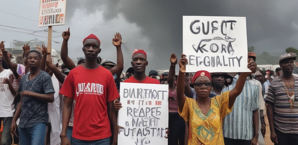 A group of Liberian women and men gathered outdoors, smiling and holding banners promoting gender equality.