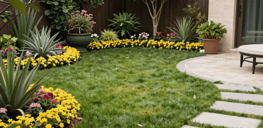 A vibrant Gastonia backyard showcasing a freshly installed paver patio surrounded by lush greenery and colorful flower beds.