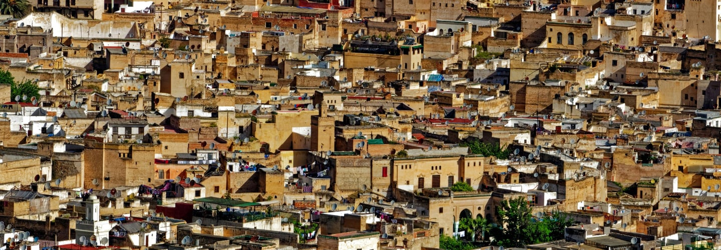 Fes medina Morocco traditional old city skyline with historic buildings