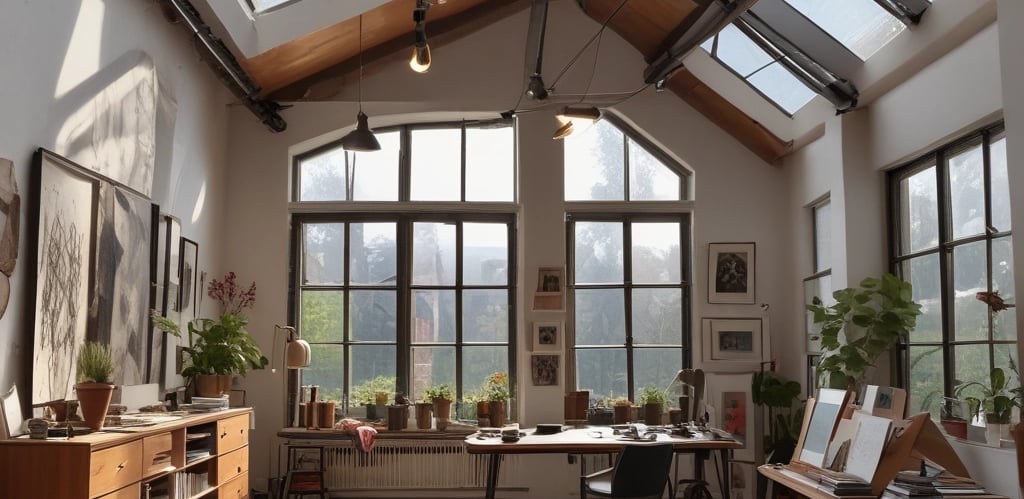 A bright, inviting artist's studio filled with colorful paintings and natural light.