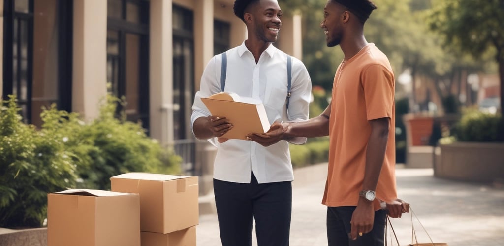 A friendly traveler handing over a package to another person with a warm orange background.