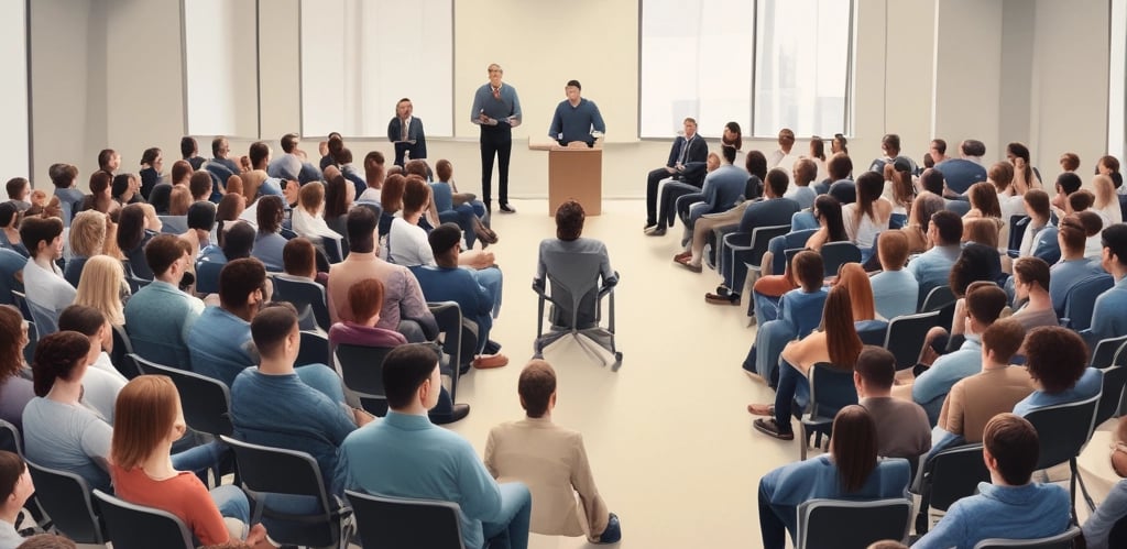 A friendly property manager discussing with community members in a bright, tidy office.