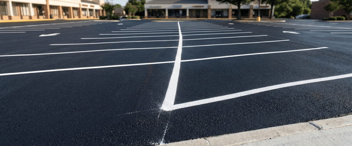 Freshly seal coated parking lot with clean painted lines and a blue sky