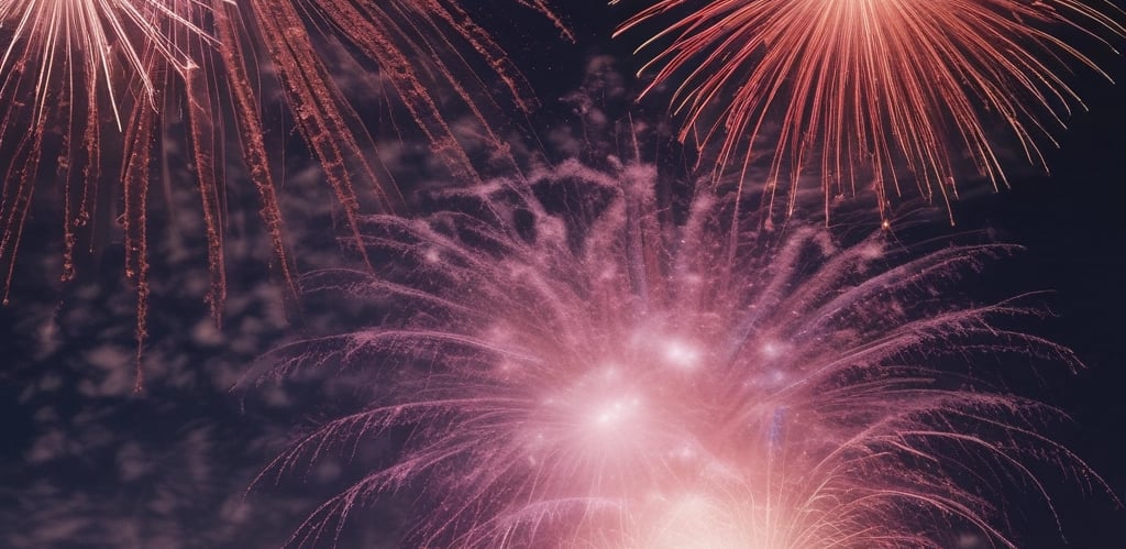 A vibrant fireworks display lighting up the night sky over a festive crowd celebrating the New Year.