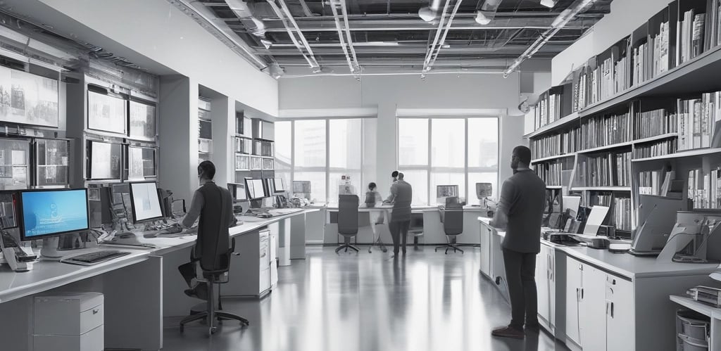 A sleek dashboard displaying real-time alerts and analytics on data flow and employee activity within a modern office environment.