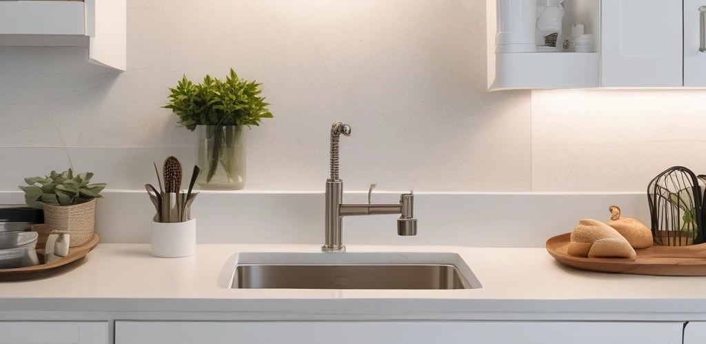 a kitchen with a white counter top and a sink