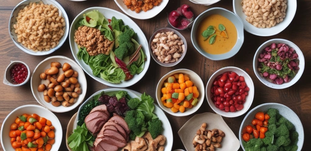 a table with bowls of food and vegetables