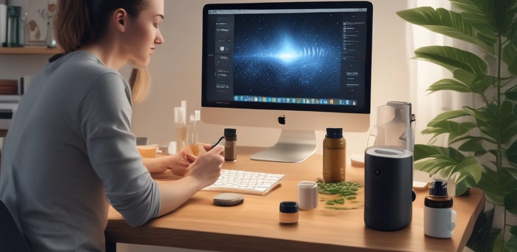 A friendly person browsing health products on a laptop with supplements and fitness gear nearby.