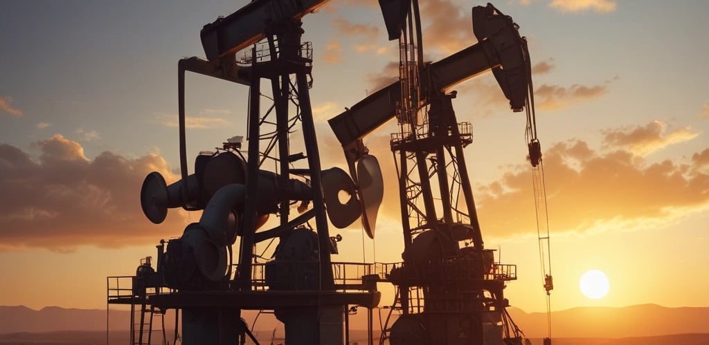 Industrial workers collaborating on oil rig equipment under a clear blue sky.