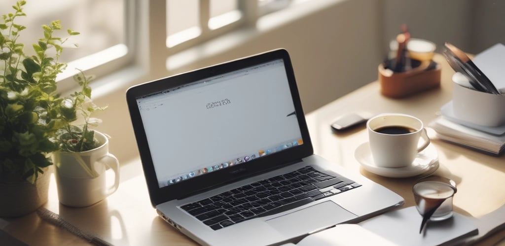 A cozy workspace featuring a laptop, a notebook with earthy green and plum accents, and a cup of tea on a light cream desk.