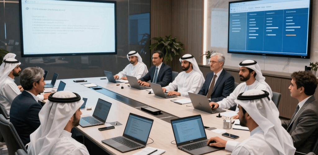 A team of professionals collaborating around a conference table overlooking a modern Dubai skyline.