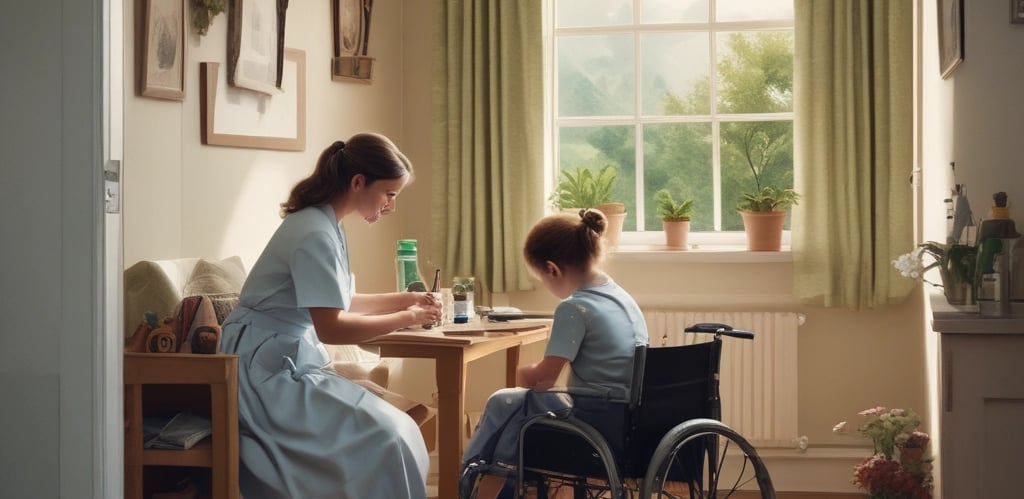 A compassionate nurse gently assisting an elderly patient in a cozy home setting.