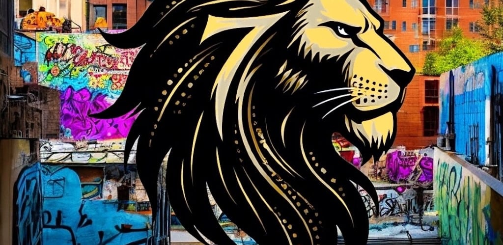 Stylized golden lion head with a “7” in the mane over a colorful graffiti background.