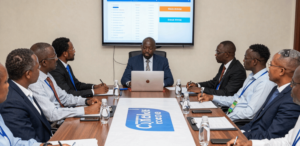 A dynamic team collaborating over a digital map highlighting USA and Kenya connections in a modern office setting.