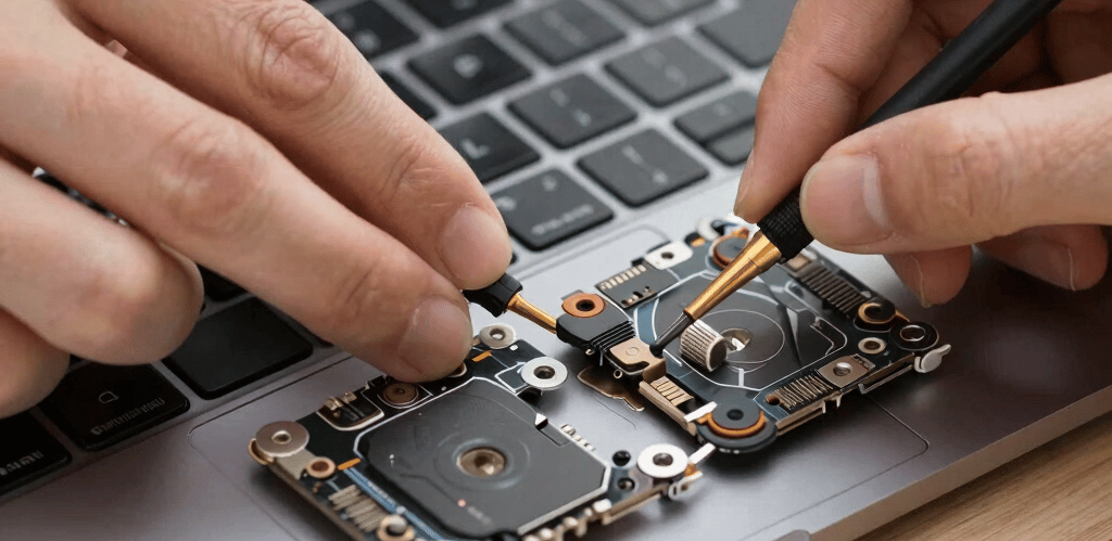 Technician repairing a laptop with professional tools in a modern, sleek workspace.