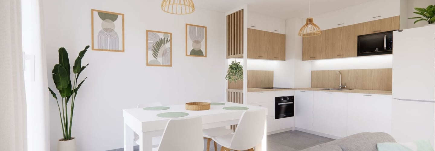 Cuisine blanche et bois cadre déco et plante