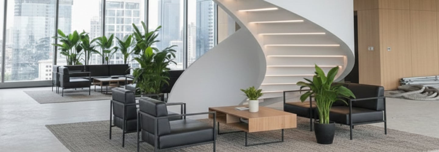 a spiral staircase in a modern office building