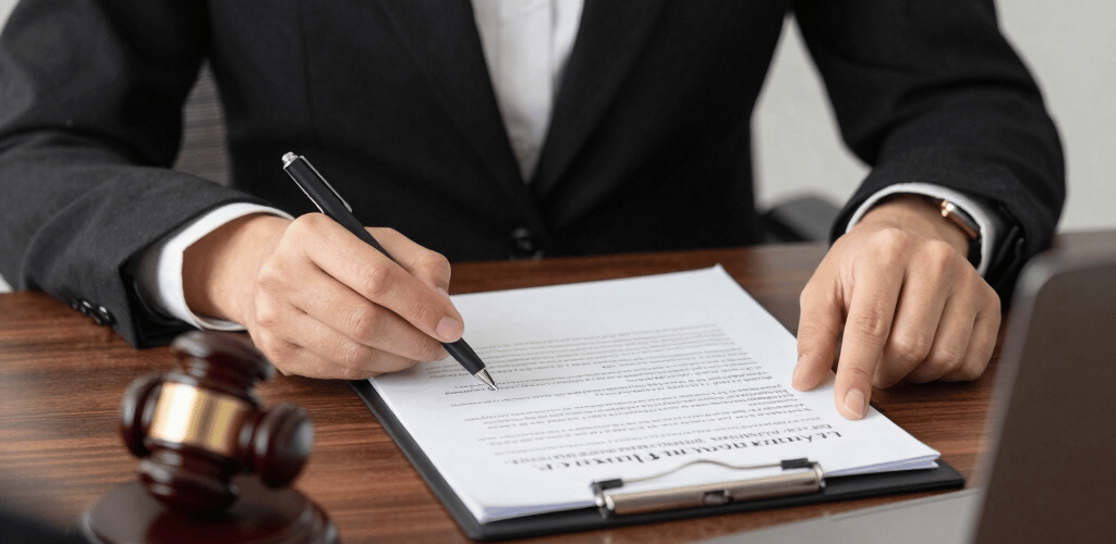 Professional lawyer discussing legal matters in a modern, bright office with calm blue and gold accents.