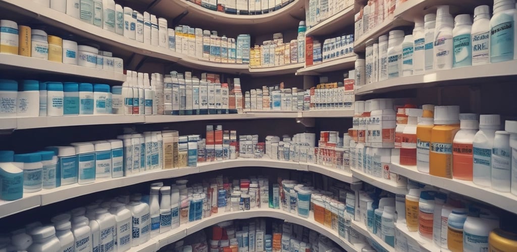A neat warehouse shelf stacked with various pharmaceutical products ready for delivery.