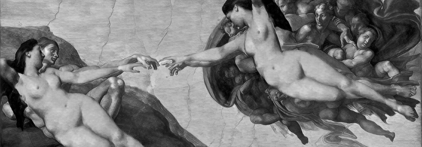 The Cocreation of Eve-Adam, Michaelangelo's Creation of Adam and Jean Jacques Henner's Woman on a Black Divan. NEZen Collage.