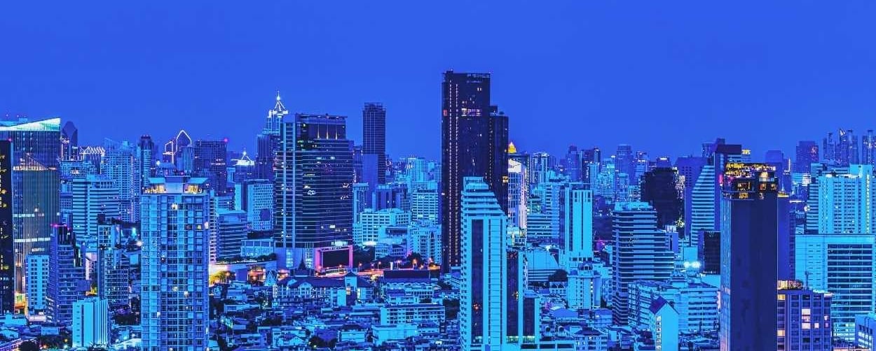 a city skyline view of a city at night