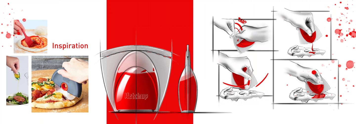 Early hand sketches exploring disposable sauce container form and lid mechanisms, design by Koorosh 