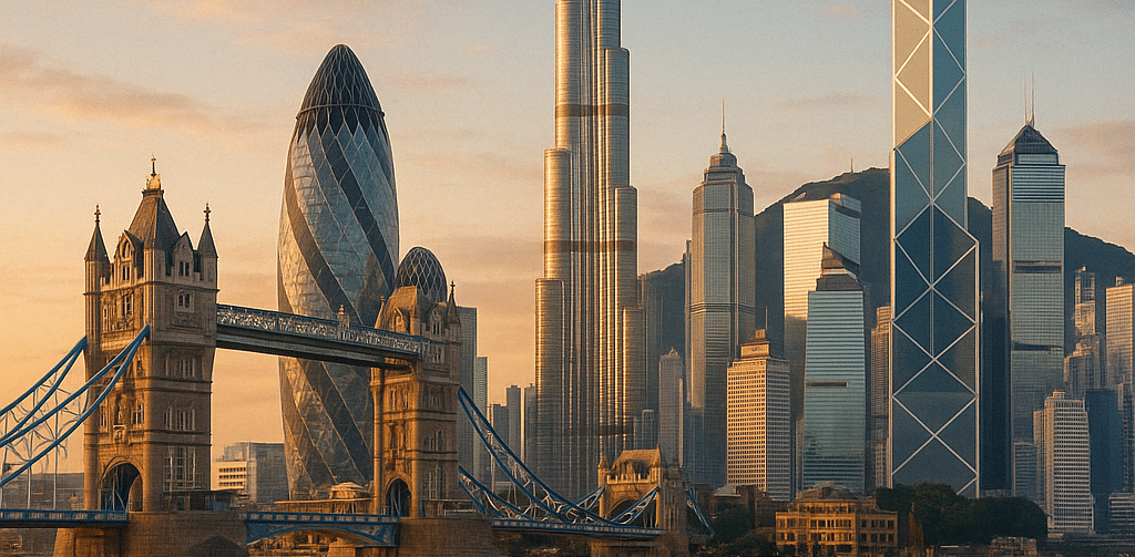 skyline london to dubai to hong kong