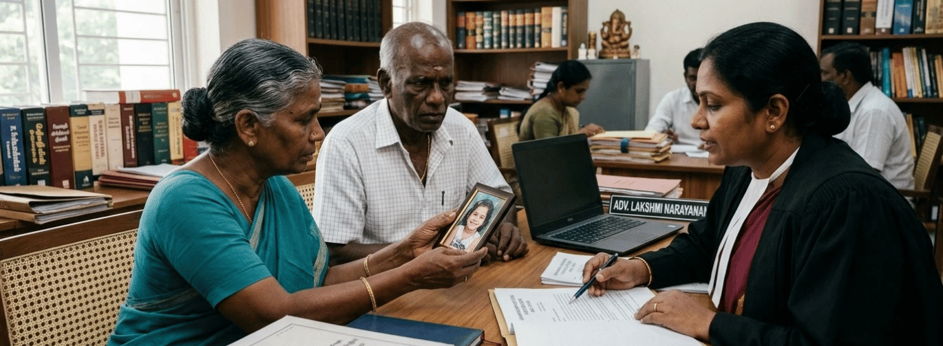 Elderly Indian couple consulting a female lawyer in a law library, holding a photograph for legal advice.