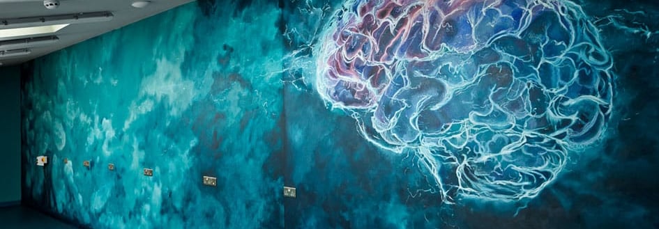  A vibrant brain logo spans the wall, embodying the spirit of creativity and continuous brainstorming in a Cambridgeshire R&D