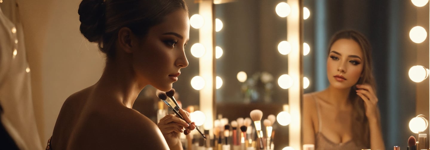 a woman is sitting in front of a mirror