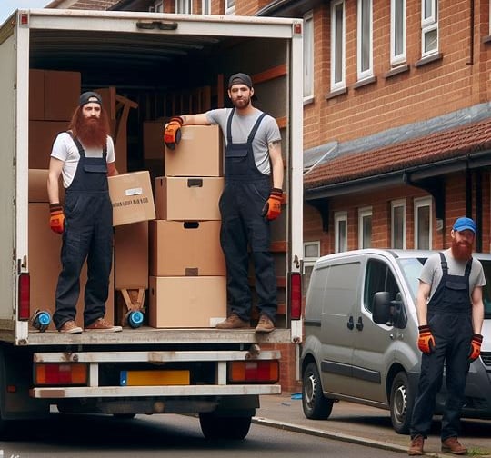 3 man and a van removal crew packing a large van with boxes