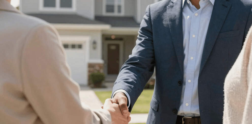 Professional real estate closing handshake in front of a modern home