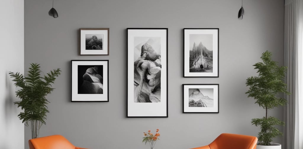 Modern minimalist office lounge with two orange leather armchairs and contemporary art gallery wall.