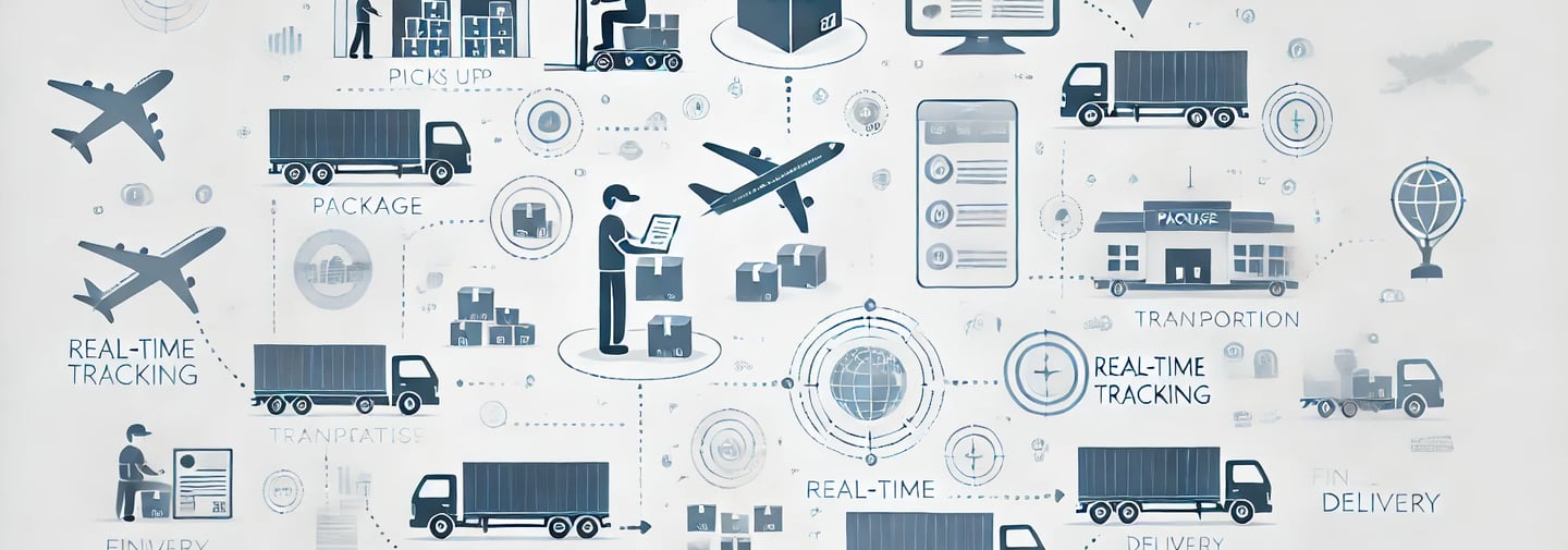 "Minimalist diagram showing the logistics process from pickup to final delivery."