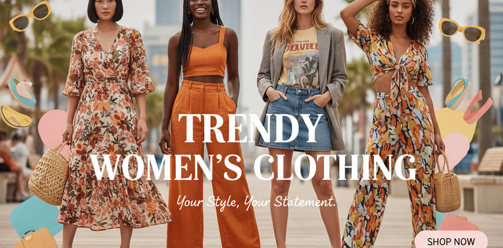 Four diverse models posing in trendy summer women's clothing on a sunny boardwalk.