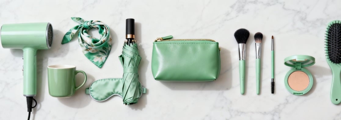 Complete GWP solutions set by King Fly, including cosmetic bag and promotional items.