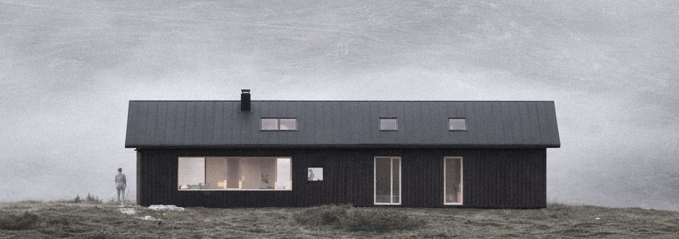 Visualisering av moderne trebolig designet av Trearkitekter AS