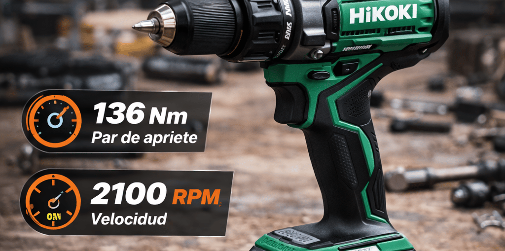 Green HiKOKI DV18DBL2 cordless hammer drill on a workbench with technical specs listed.